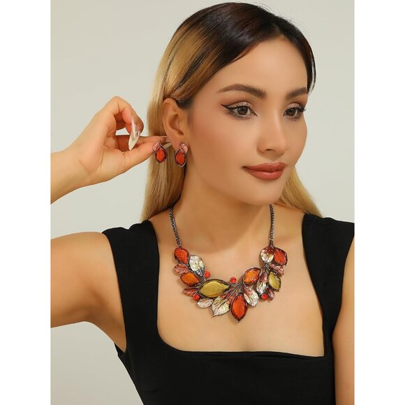 Vintage Chunky Statement Jewelry Set Retro Leaf Floral Geometric Bohemian Boho B - Picture 2 of 6